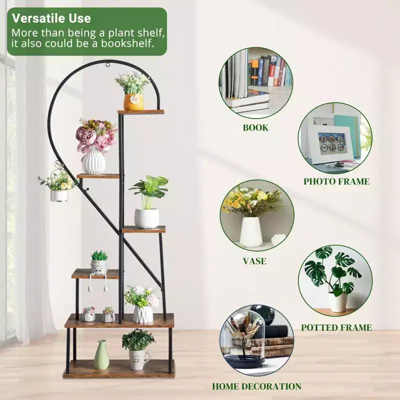 Karl Home Support à plantes en fer et bois en forme de demi-cœur à 6 étages, support pour pot de fleurs