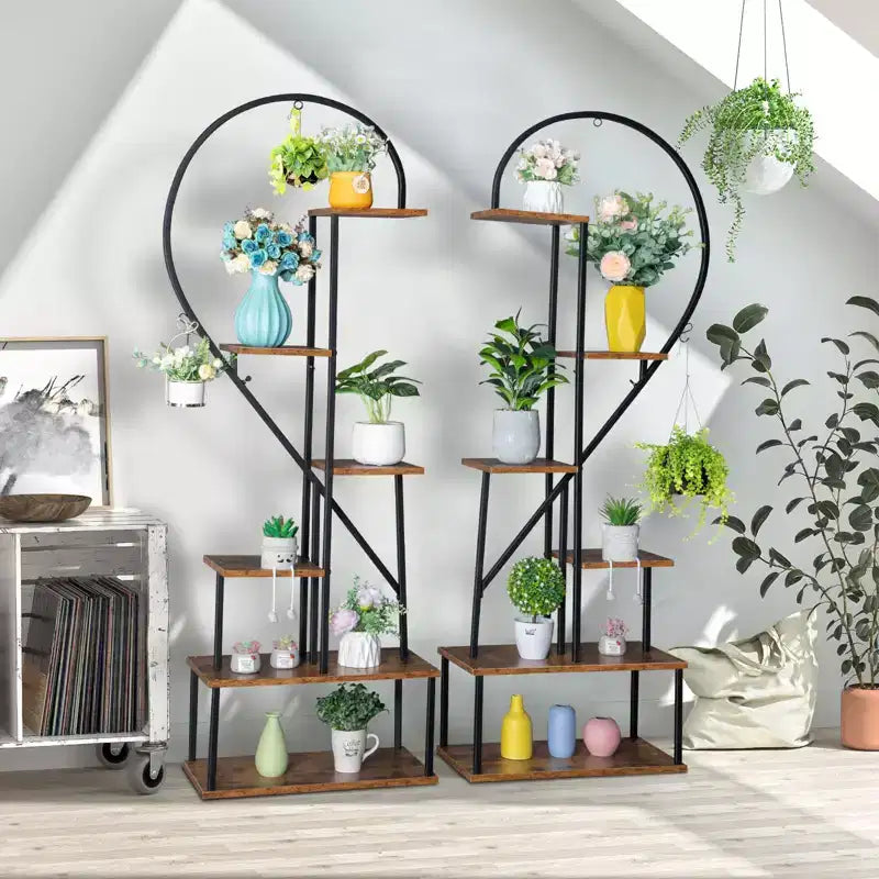 Karl Home Support à plantes en fer et bois en forme de demi-cœur à 6 étages, support pour pot de fleurs
