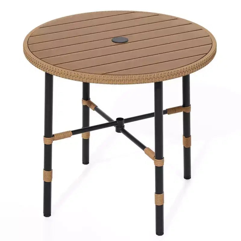 Table à manger ronde en osier d'extérieur, plateau en bois synthétique avec trou pour parasol de 5,6 cm