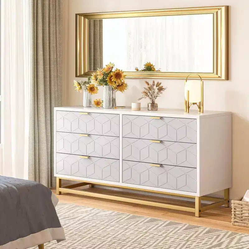Coolmee 6 Drawers Dresser for Bedroom, Chest of Drawers, Modern Wood Dressers with Gold Metal Handles for Hallway, Entryway