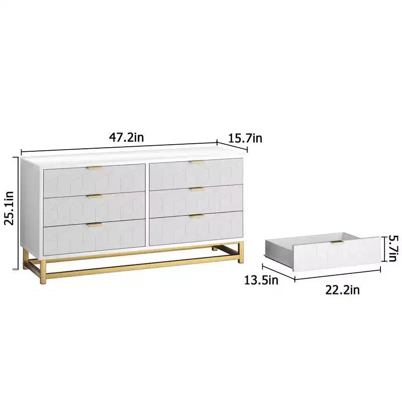 Commode de chambre à 6 tiroirs Coolmee, commode en bois moderne avec poignées en métal doré pour couloir, entrée