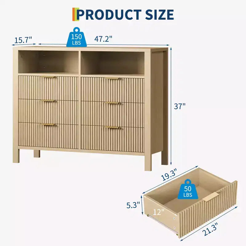 Commode cannelée à 6 tiroirs, commode avec poignée en métal, meuble TV, organisateur de rangement de vêtements en bois pour salon, couloir