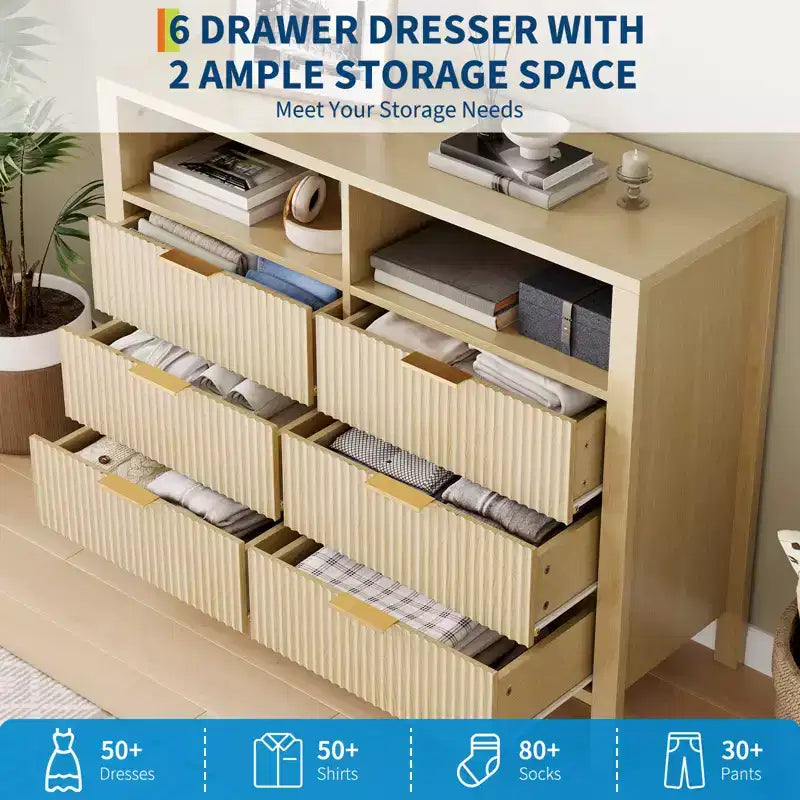 Commode cannelée à 6 tiroirs, commode avec poignée en métal, meuble TV, organisateur de rangement de vêtements en bois pour salon, couloir