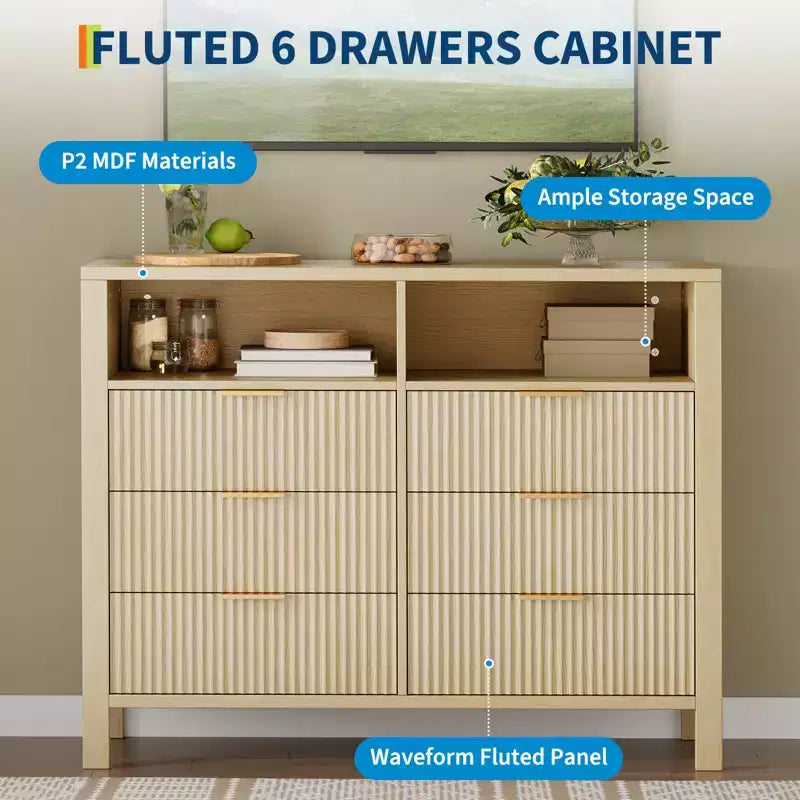 Commode cannelée à 6 tiroirs, commode avec poignée en métal, meuble TV, organisateur de rangement de vêtements en bois pour salon, couloir