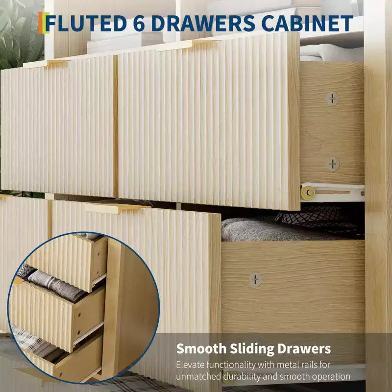 Commode cannelée à 6 tiroirs, commode avec poignée en métal, meuble TV, organisateur de rangement de vêtements en bois pour salon, couloir