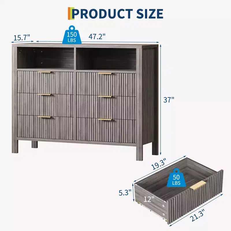 Commode cannelée à 6 tiroirs, commode avec poignée en métal, meuble TV, organisateur de rangement de vêtements en bois pour salon, couloir