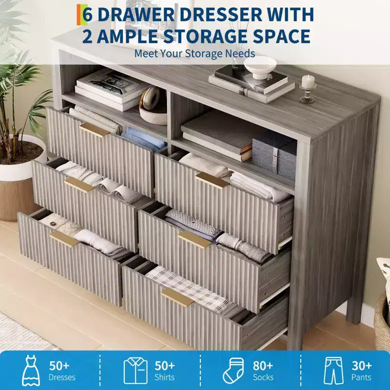 Commode cannelée à 6 tiroirs, commode avec poignée en métal, meuble TV, organisateur de rangement de vêtements en bois pour salon, couloir