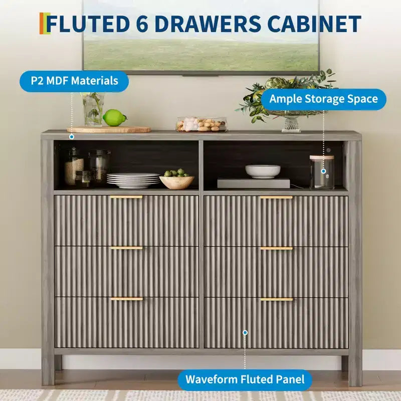 Commode cannelée à 6 tiroirs, commode avec poignée en métal, meuble TV, organisateur de rangement de vêtements en bois pour salon, couloir