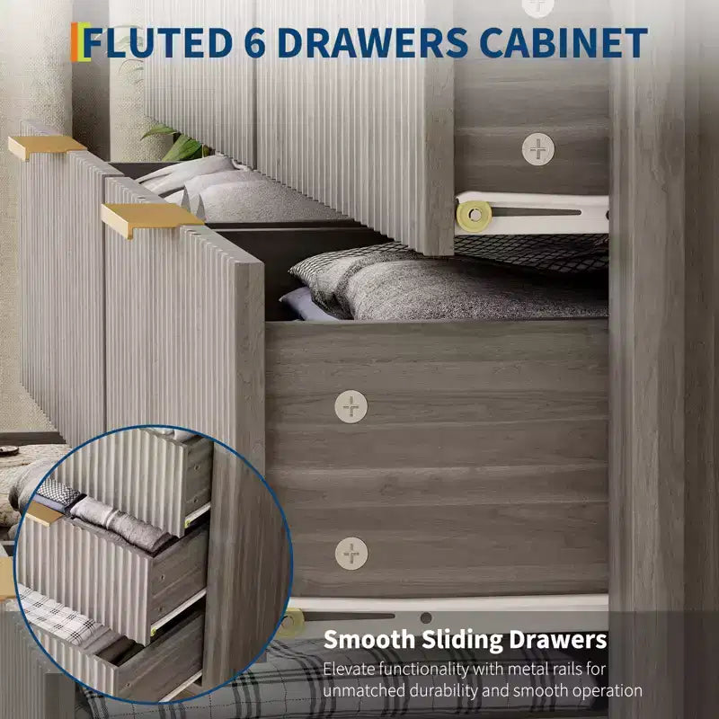 Commode cannelée à 6 tiroirs, commode avec poignée en métal, meuble TV, organisateur de rangement de vêtements en bois pour salon, couloir
