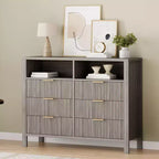 Commode cannelée à 6 tiroirs, commode avec poignée en métal, meuble TV, organisateur de rangement de vêtements en bois pour salon, couloir