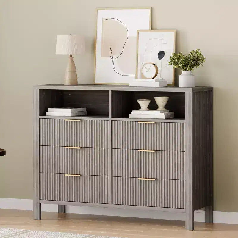 Commode cannelée à 6 tiroirs, commode avec poignée en métal, meuble TV, organisateur de rangement de vêtements en bois pour salon, couloir