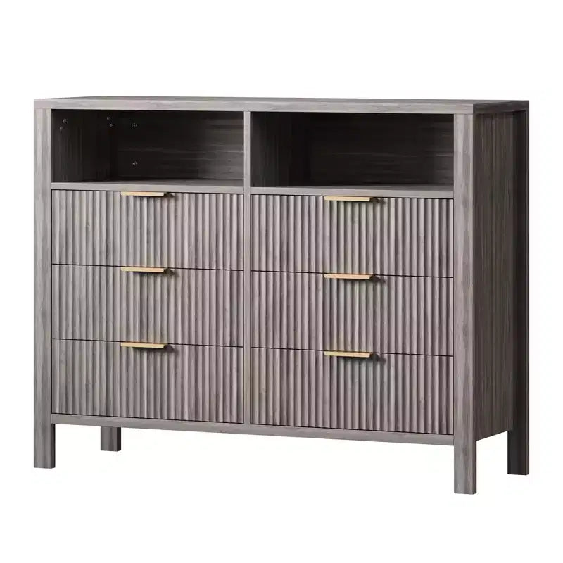 Commode cannelée à 6 tiroirs, commode avec poignée en métal, meuble TV, organisateur de rangement de vêtements en bois pour salon, couloir