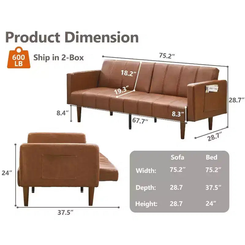 Canapé-lit futon moderne du milieu du siècle, en cuir PU, convertible avec dossier réglable