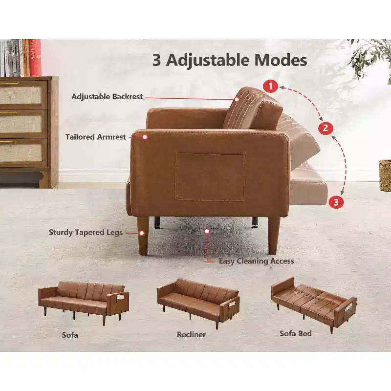 Canapé-lit futon moderne du milieu du siècle, en cuir PU, convertible avec dossier réglable