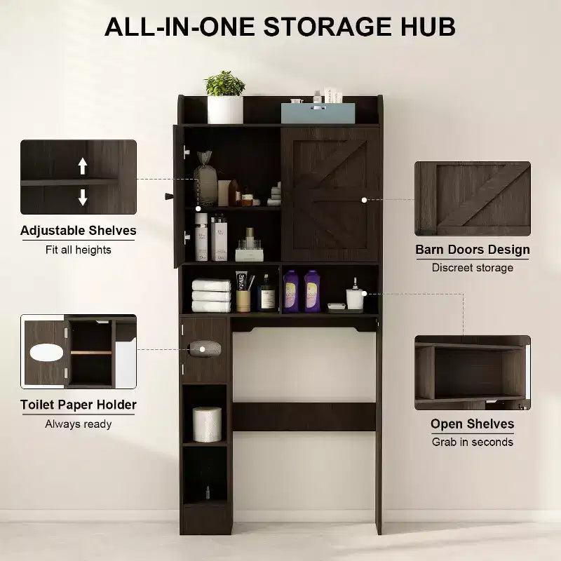 Meuble de rangement Dyonery au-dessus des toilettes, organisateur de salle de bain de style ferme peu encombrant avec porte-rouleau de papier toilette et étagère réglable
