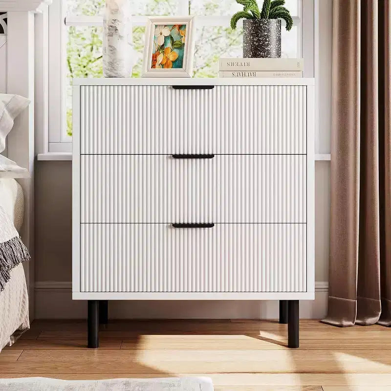 Acekool Textured 3-Drawer Dresser 28 Wide - Compact Storage with Metal Legs for Bedroom Hallway Small Spaces, White