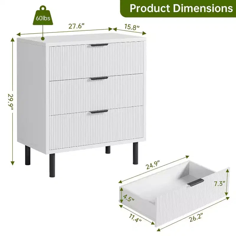 Commode Acekool texturée à 3 tiroirs de 71 cm de large – Rangement compact avec pieds en métal pour chambre à coucher, couloir, petits espaces, blanc