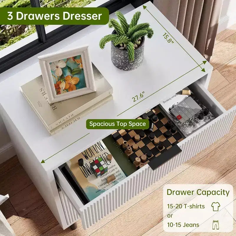 Commode Acekool texturée à 3 tiroirs de 71 cm de large – Rangement compact avec pieds en métal pour chambre à coucher, couloir, petits espaces, blanc