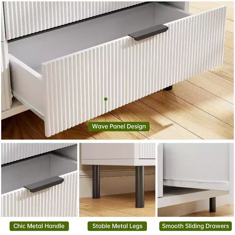 Commode Acekool texturée à 3 tiroirs de 71 cm de large – Rangement compact avec pieds en métal pour chambre à coucher, couloir, petits espaces, blanc