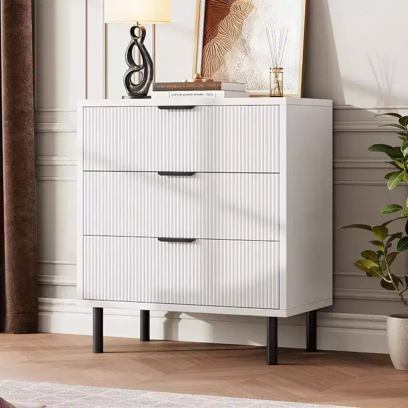 Commode Acekool texturée à 3 tiroirs de 71 cm de large – Rangement compact avec pieds en métal pour chambre à coucher, couloir, petits espaces, blanc