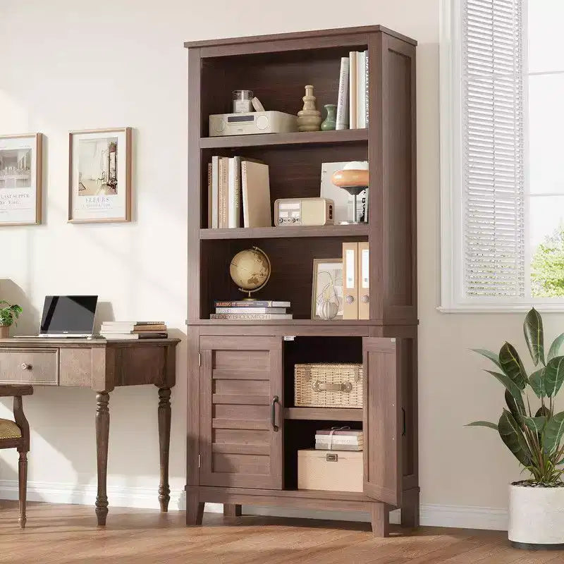 Bibliothèque avec porte, étagère de rangement à 5 niveaux, bibliothèque de ferme en bois, étagère rustique vintage Noyer, Marron, Lot de 2