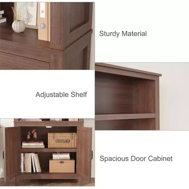 Bibliothèque avec porte, étagère de rangement à 5 niveaux, bibliothèque de ferme en bois, étagère rustique vintage Noyer, Marron, Lot de 2