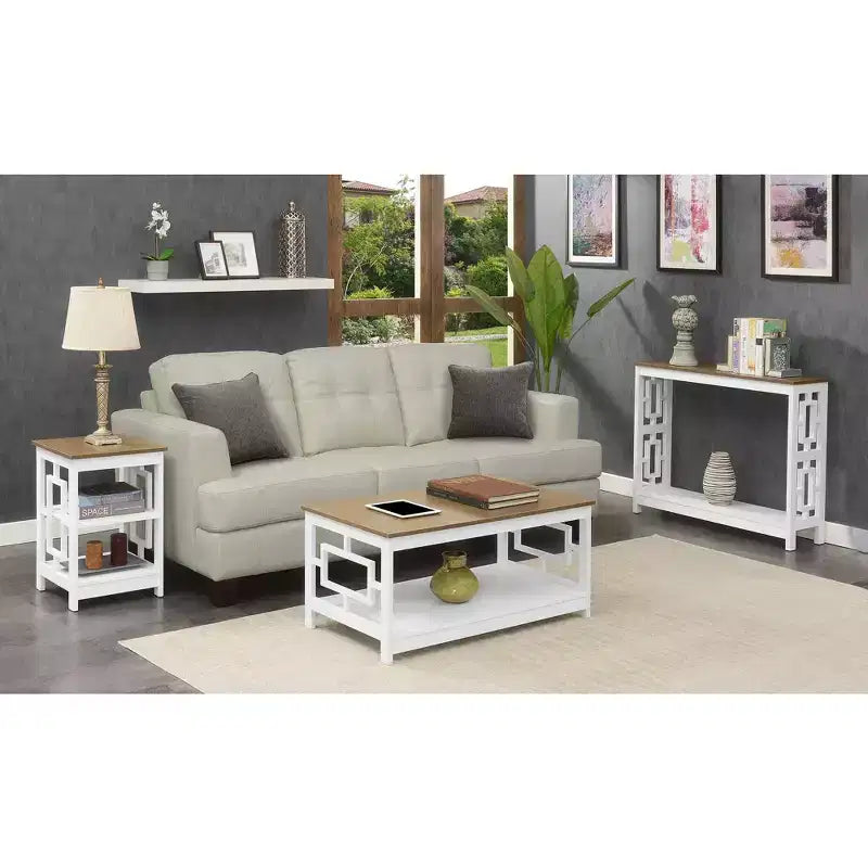 Table d'appoint carrée HomeStock Belmont avec grande surface et deux étagères, conception latérale ouverte symétrique, table d'appoint en MDF pour maisons modernes