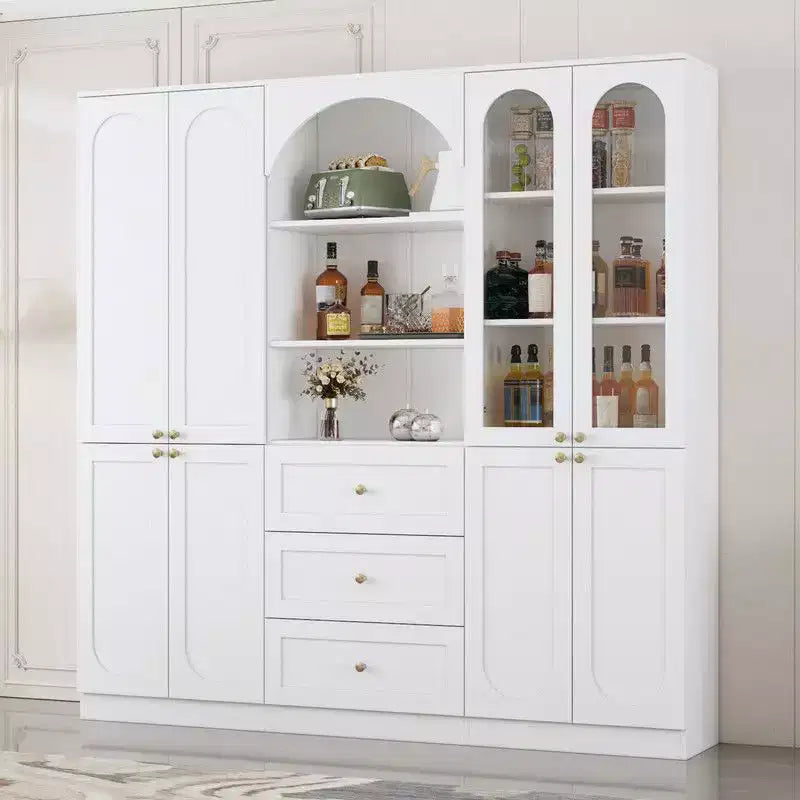 Famapy Buffet de Cuisine de Ferme Blanc avec Portes Arc et Verre, Garde-Manger Grande Capacité, Meuble de Rangement de Cuisine Multi-Tiroirs, Vitrine