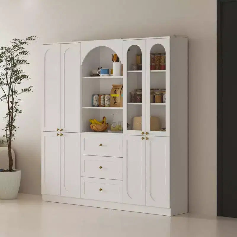 Famapy Buffet de Cuisine de Ferme Blanc avec Portes Arc et Verre, Garde-Manger Grande Capacité, Meuble de Rangement de Cuisine Multi-Tiroirs, Vitrine