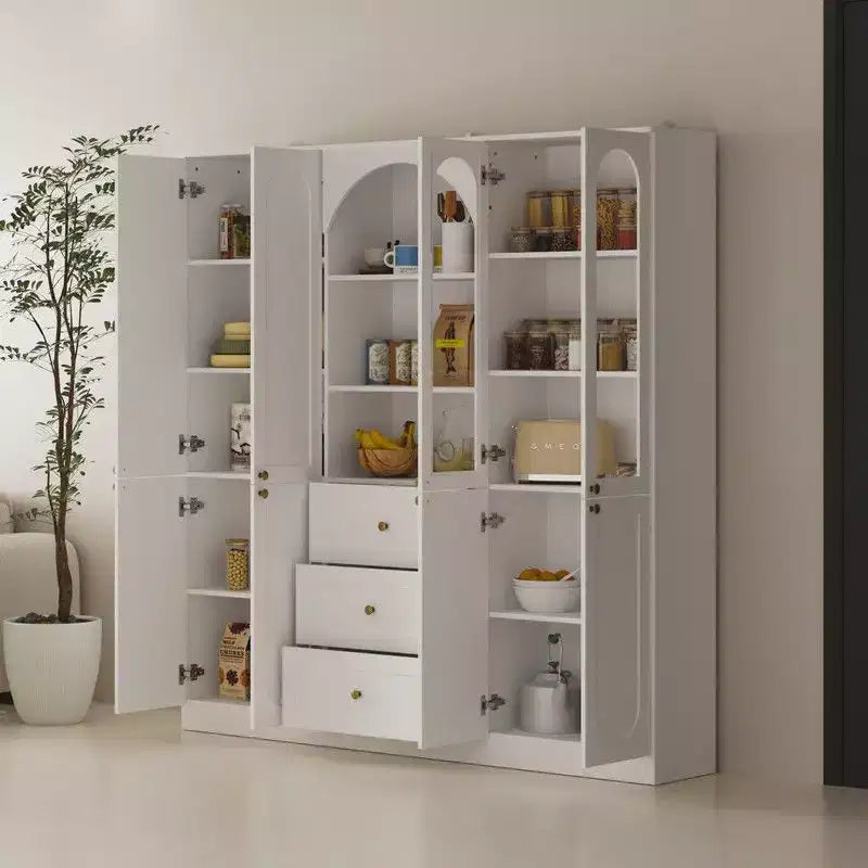 Famapy Buffet de Cuisine de Ferme Blanc avec Portes Arc et Verre, Garde-Manger Grande Capacité, Meuble de Rangement de Cuisine Multi-Tiroirs, Vitrine