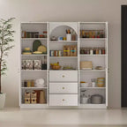 Famapy Buffet de Cuisine de Ferme Blanc avec Portes Arc et Verre, Garde-Manger Grande Capacité, Meuble de Rangement de Cuisine Multi-Tiroirs, Vitrine
