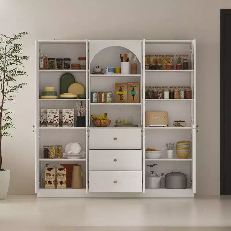 Famapy Buffet de Cuisine de Ferme Blanc avec Portes Arc et Verre, Garde-Manger Grande Capacité, Meuble de Rangement de Cuisine Multi-Tiroirs, Vitrine