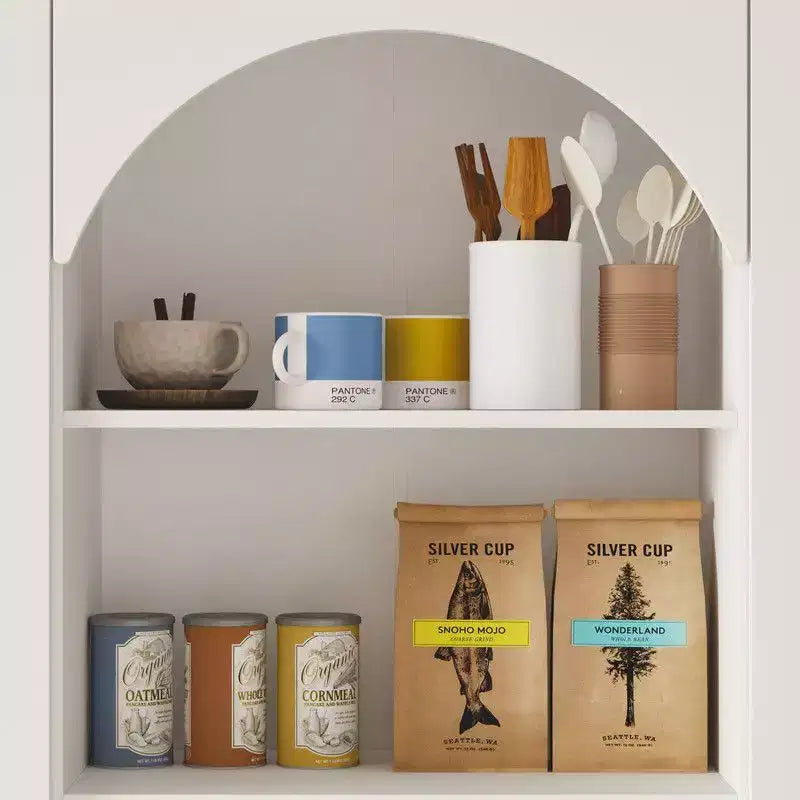 Famapy Buffet de Cuisine de Ferme Blanc avec Portes Arc et Verre, Garde-Manger Grande Capacité, Meuble de Rangement de Cuisine Multi-Tiroirs, Vitrine
