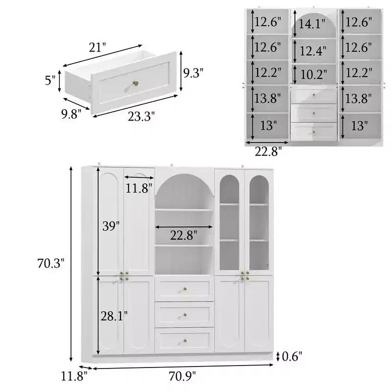Famapy Buffet de Cuisine de Ferme Blanc avec Portes Arc et Verre, Garde-Manger Grande Capacité, Meuble de Rangement de Cuisine Multi-Tiroirs, Vitrine
