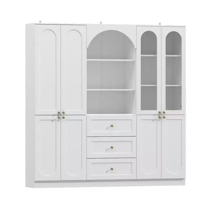 Famapy Buffet de Cuisine de Ferme Blanc avec Portes Arc et Verre, Garde-Manger Grande Capacité, Meuble de Rangement de Cuisine Multi-Tiroirs, Vitrine