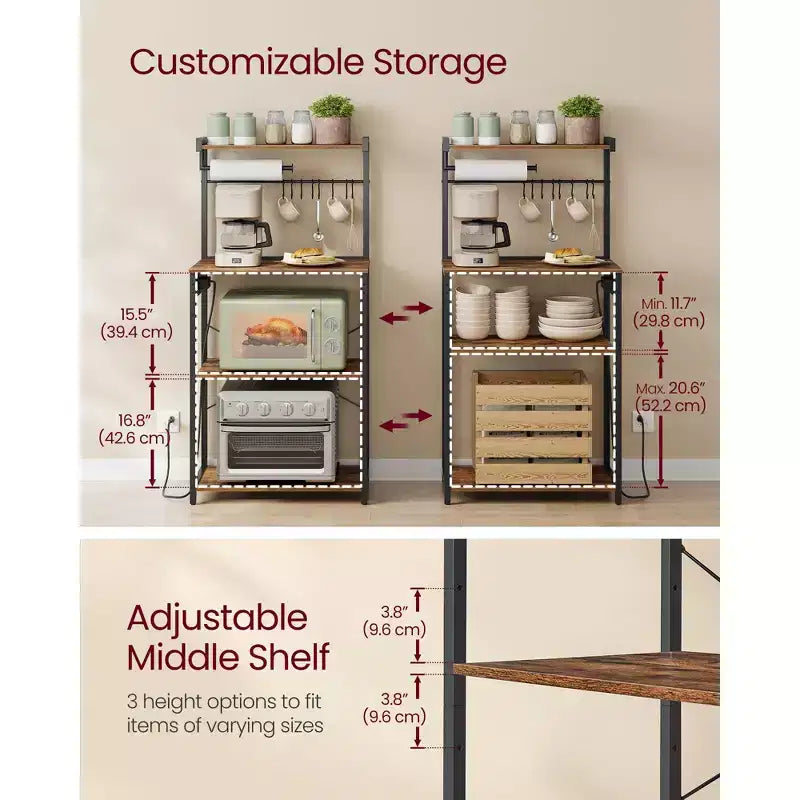 Étagère de cuisine à 4 niveaux avec multiprise intégrée, 2 prises et étagère réglable, support pour micro-ondes avec 8 crochets