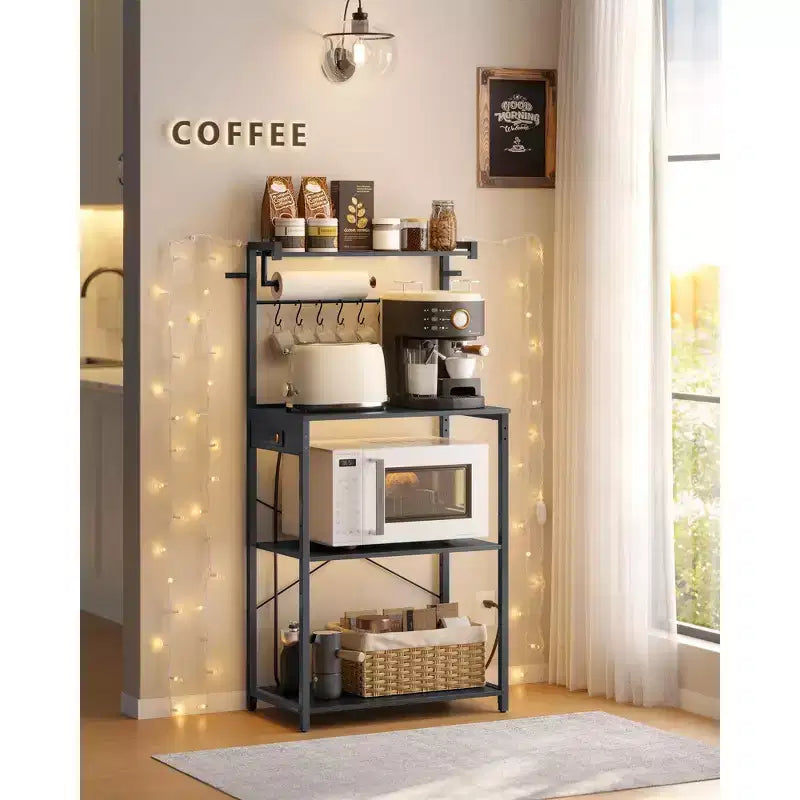 Étagère de cuisine à 4 niveaux avec multiprise intégrée, 2 prises et étagère réglable, support pour micro-ondes avec 8 crochets