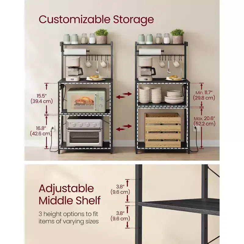 Étagère de cuisine à 4 niveaux avec multiprise intégrée, 2 prises et étagère réglable, support pour micro-ondes avec 8 crochets