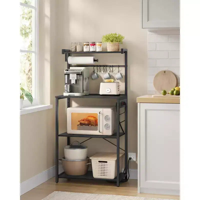4-Tier Kitchen Bakers Rack with Built-in Power Strip, 2 Outlets & Adjustable Shelf, Microwave Stand with 8 Hooks