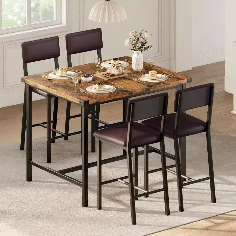 Ensemble de salle à manger Acekool 5 pièces hauteur comptoir avec repose-pieds et protection d'angle, 4 tabourets rembourrés avec dossier, peu encombrant, marron rustique