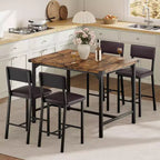 Ensemble de salle à manger Acekool 5 pièces hauteur comptoir avec repose-pieds et protection d'angle, 4 tabourets rembourrés avec dossier, peu encombrant, marron rustique