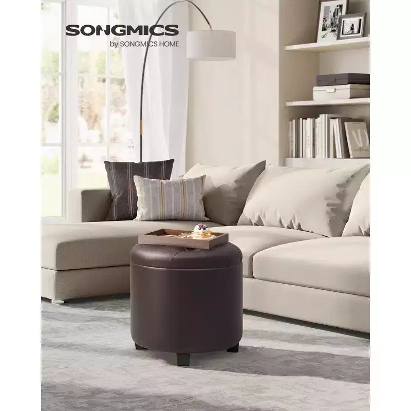 Pouf de rangement rond avec une capacité de 150 kg, repose-pieds en cuir synthétique de 45 cm pour le salon, marron châtaigne
