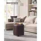 Pouf de rangement rond avec une capacité de 150 kg, repose-pieds en cuir synthétique de 45 cm pour le salon, marron châtaigne