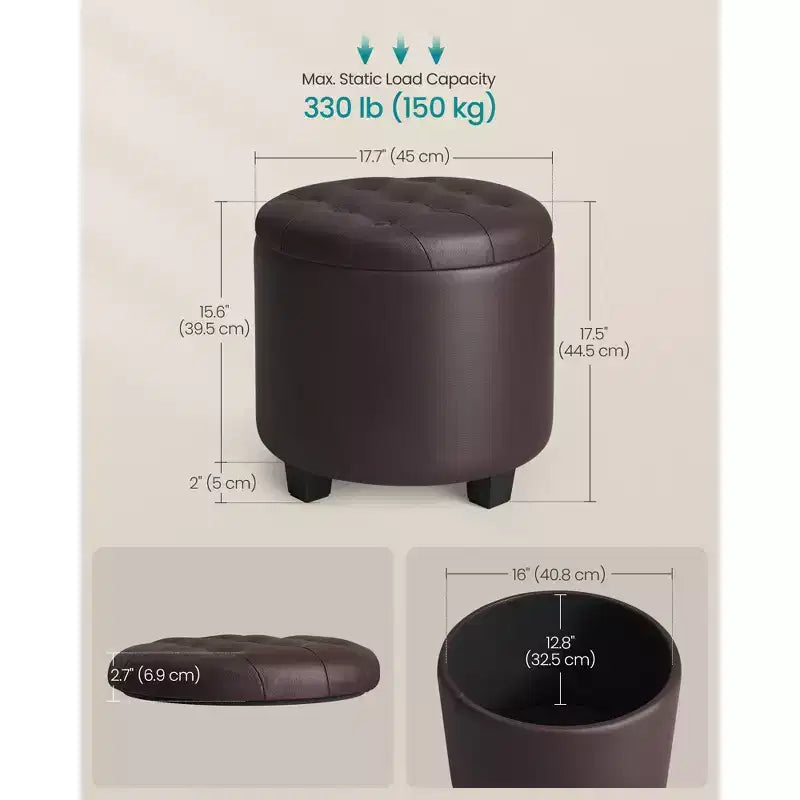 Pouf de rangement rond avec une capacité de 150 kg, repose-pieds en cuir synthétique de 45 cm pour le salon, marron châtaigne