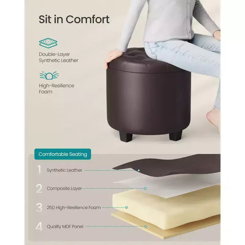 Pouf de rangement rond avec une capacité de 150 kg, repose-pieds en cuir synthétique de 45 cm pour le salon, marron châtaigne