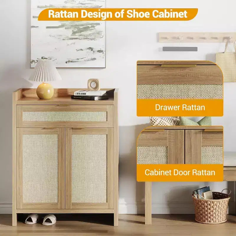 Ensemble de meuble à chaussures COZONY en rotin avec étagères réglables, organisateur de rangement d'entrée de style ferme avec tiroir, meuble en bois de style bohème