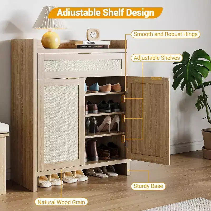 Ensemble de meuble à chaussures COZONY en rotin avec étagères réglables, organisateur de rangement d'entrée de style ferme avec tiroir, meuble en bois de style bohème