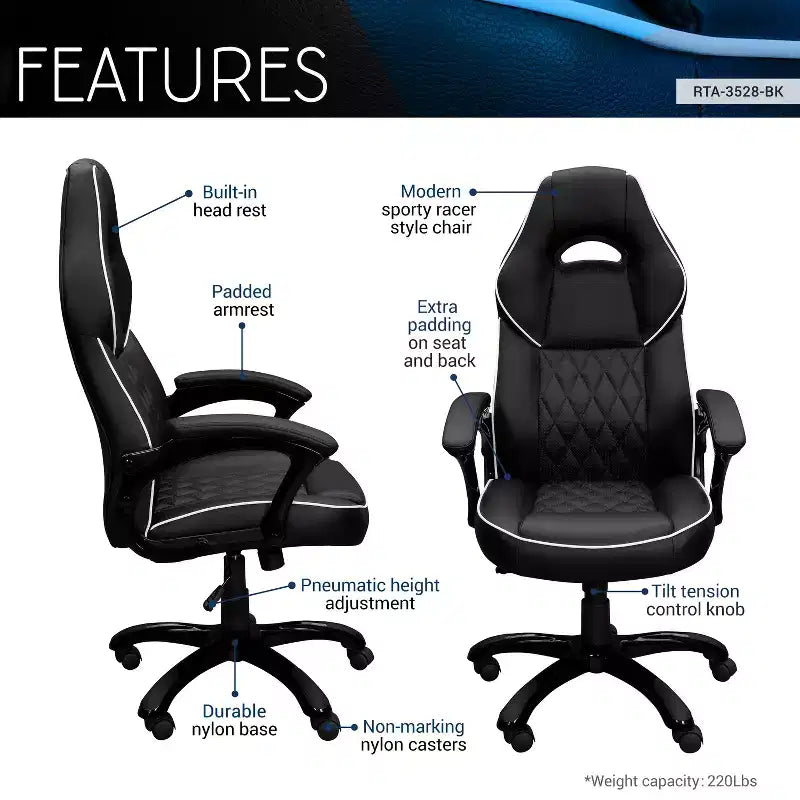 Fauteuil de jeu à dossier haut Okak avec siège et dossier rembourrés, chaise de bureau de direction avec base et roulettes en métal, chaise de bureau pour l'étude, la salle de lecture, noir