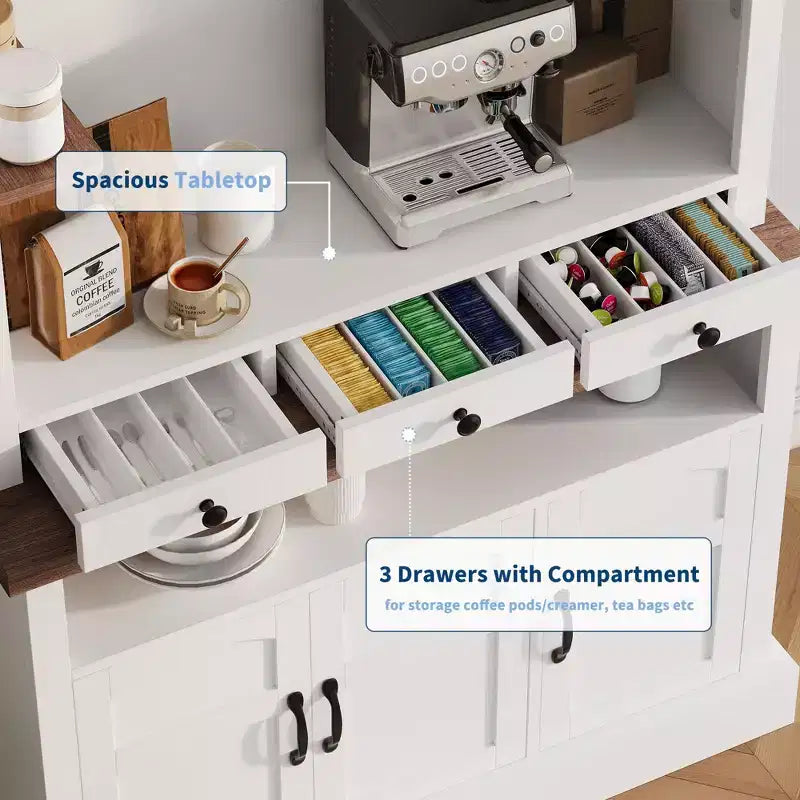 Meuble de rangement pour café style ferme - 183 cm de haut avec lumières LED, portes/tiroir, étagères réglables, grand espace de rangement pour cuisine/salle à manger