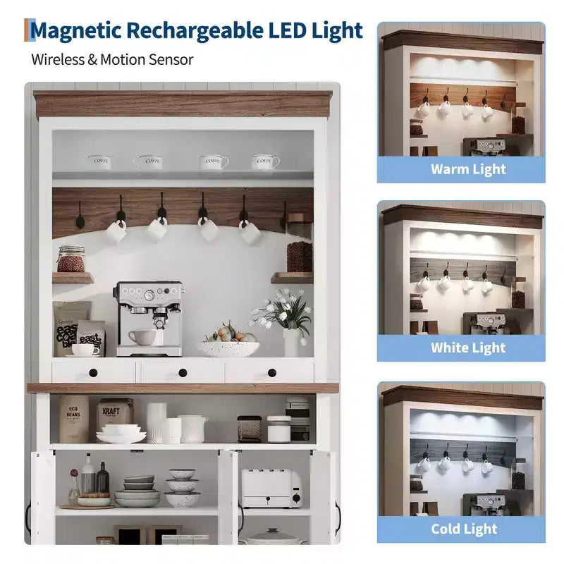 Meuble de rangement pour café style ferme - 183 cm de haut avec lumières LED, portes/tiroir, étagères réglables, grand espace de rangement pour cuisine/salle à manger